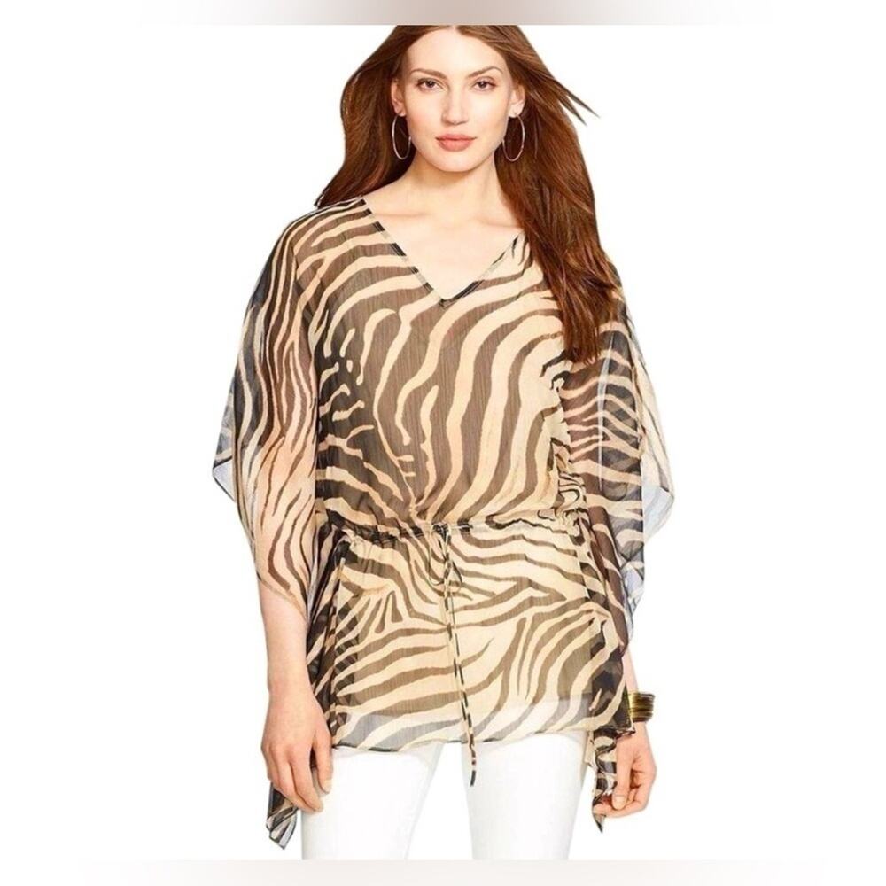 Lauren Ralph Lauren Zebra Tunic Women 2X Brown NWT Tie Front V-Neck Camisole